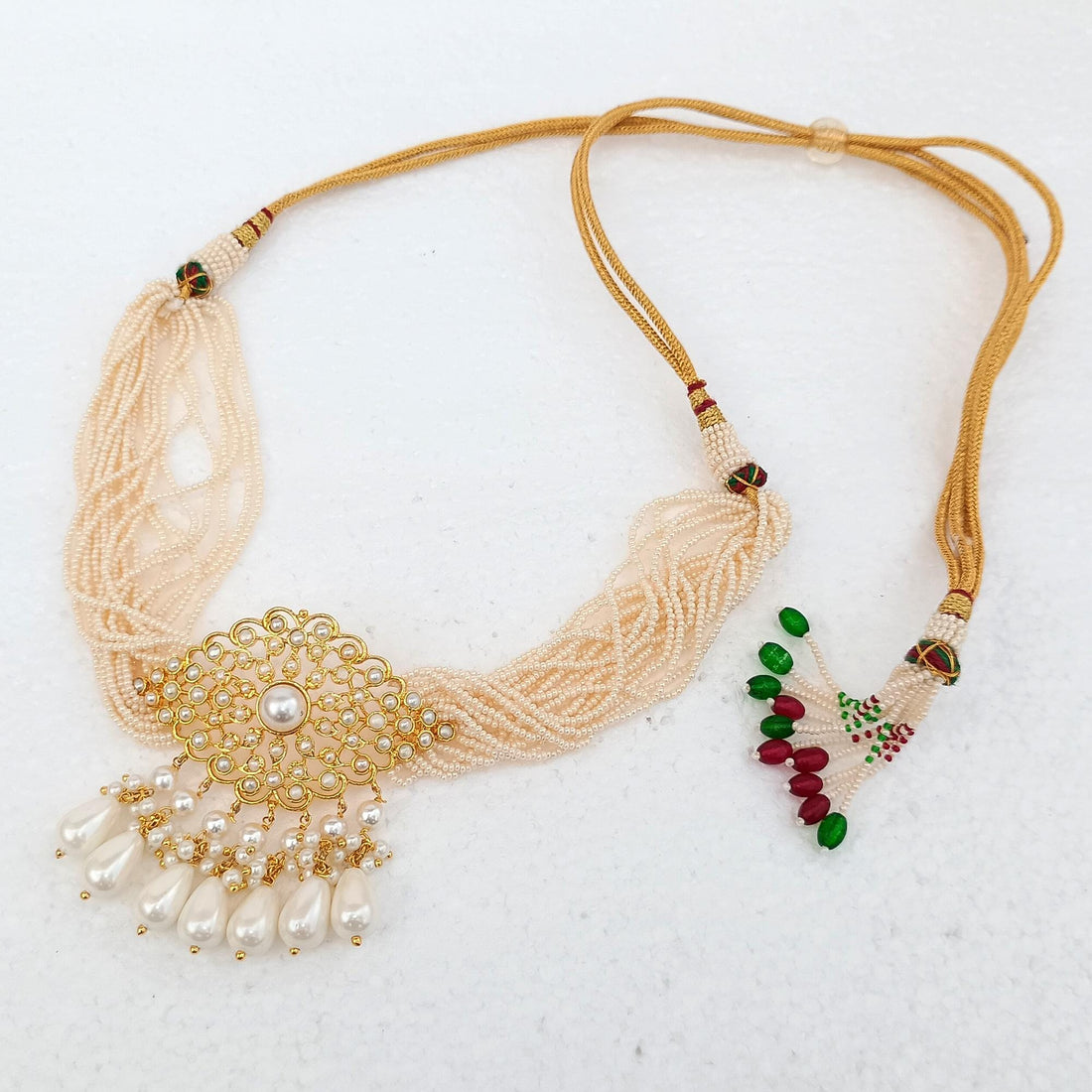 Gold Pearl Choker Necklace Set | Kundan Inspired Multi Strand Beaded Necklace | Handmade Indian Bridal Statement Jewelry with Earrings — 6
