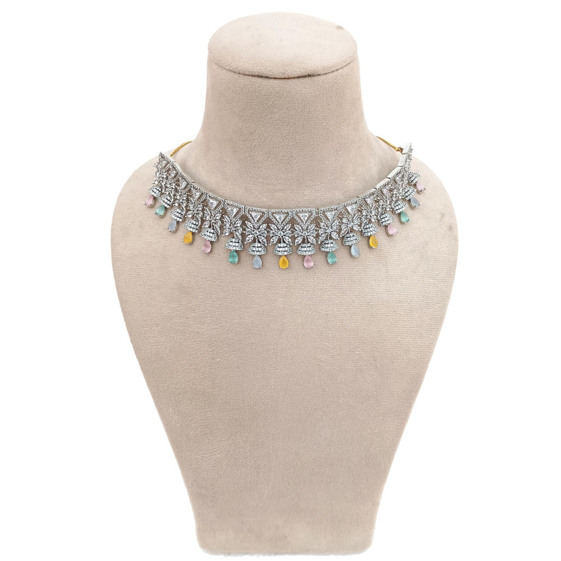 Multi Stone Chalcedony & Cubic Zirconia Necklace Set | White Gold Plated Indian Bridal Jewelry | Statement Wedding Necklace | Valentine Gift — 2