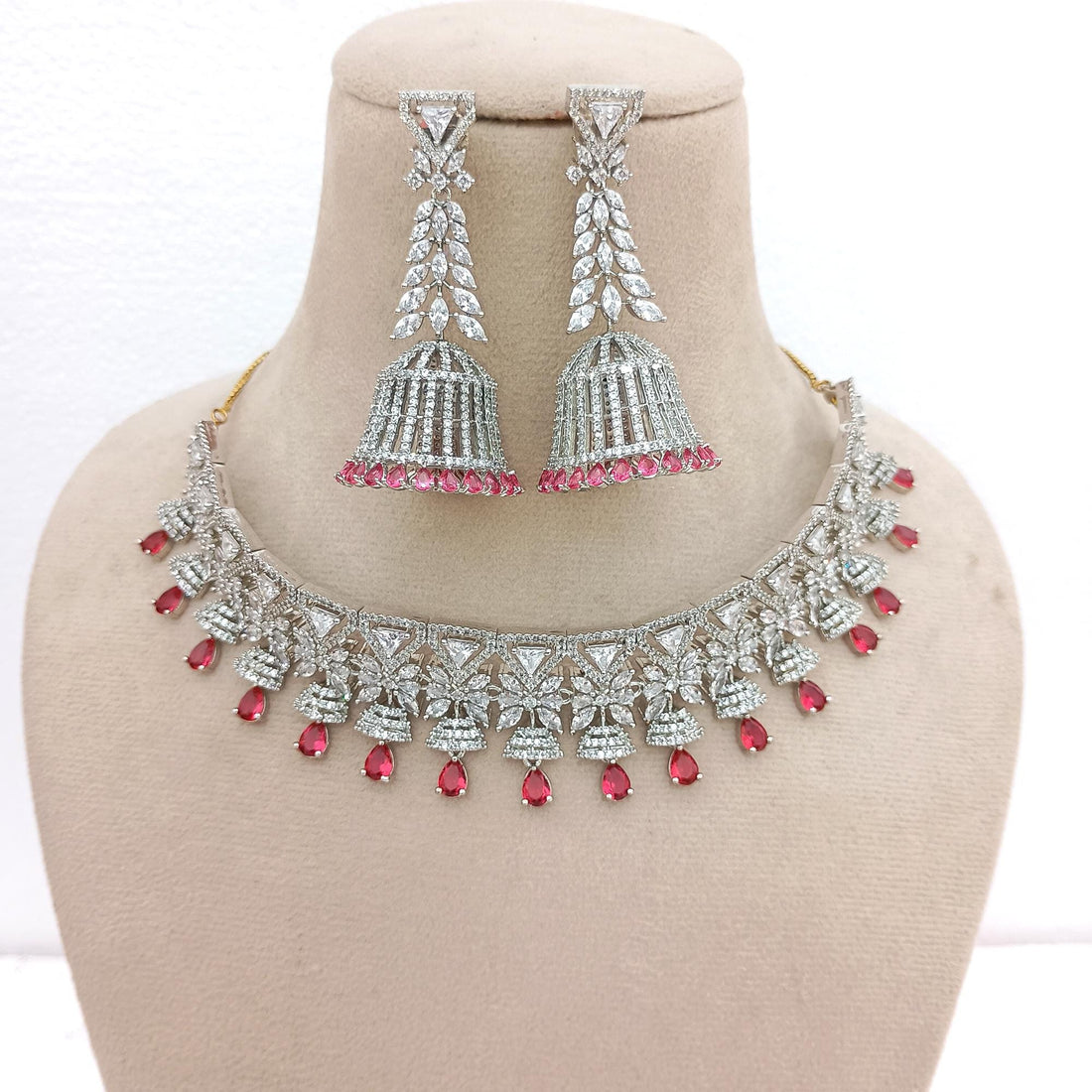 Gold Plated Garnet Cubic Zirconia Necklace Set | White Gold Indian Jewelry | Bridal Wedding Statement Necklace | Gift For Her — 3