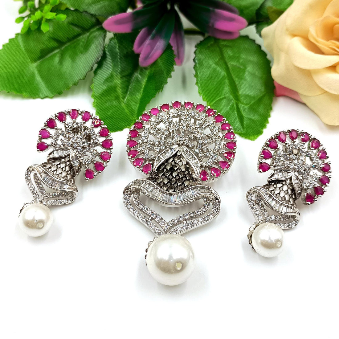 Ruby Citrine Pearl Pendant Set: Vintage Victorian Style Jewelry — 2