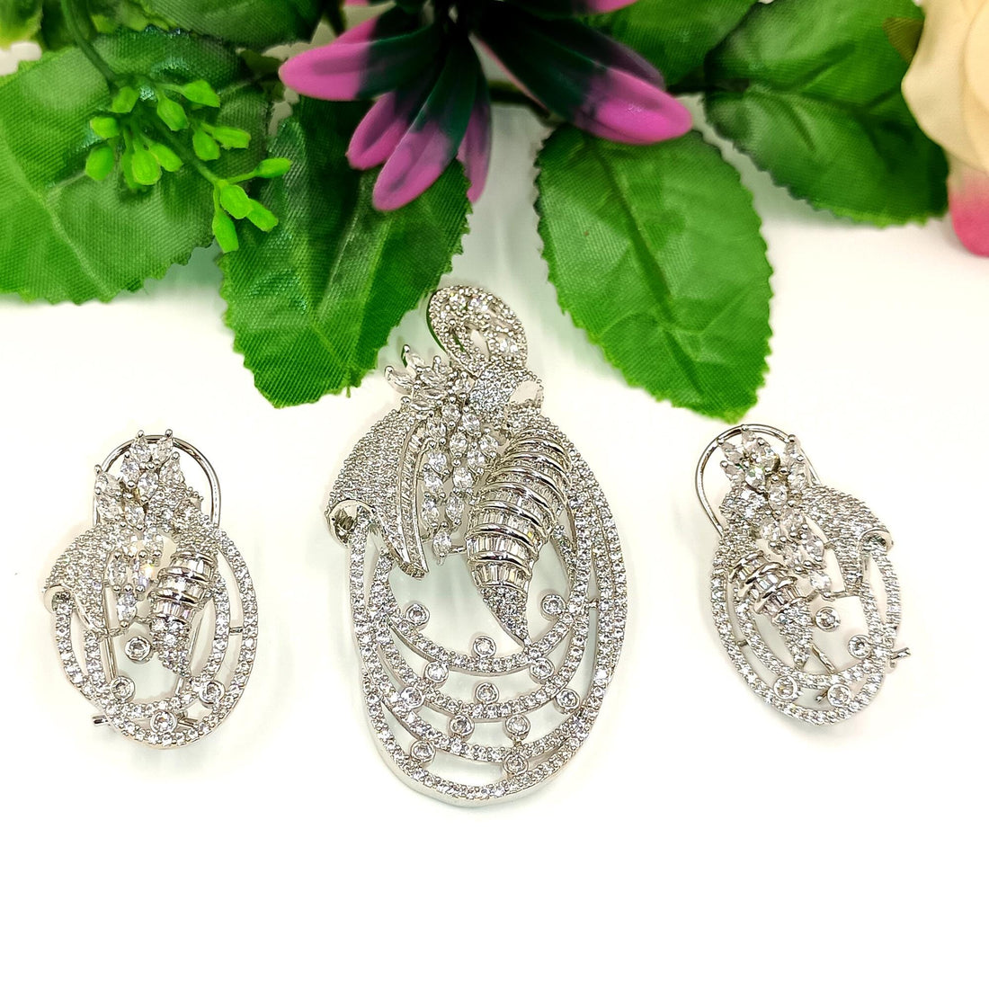 Gold-Plated Ruby & CZ Jewelry Set: Floral Necklace, Earrings, Brooch — 3