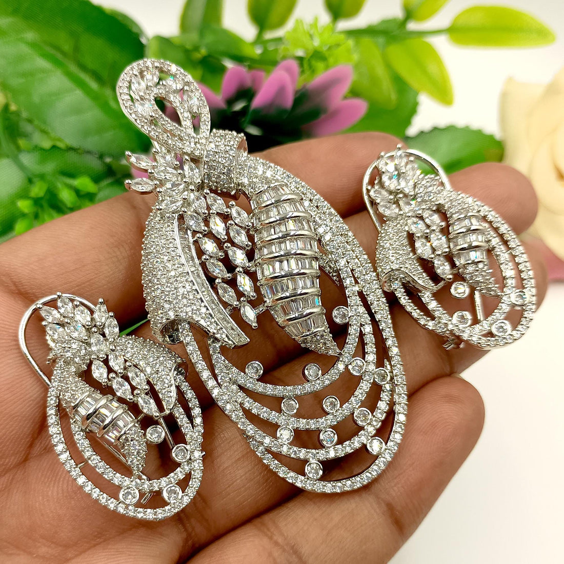 Gold-Plated Ruby & CZ Jewelry Set: Floral Necklace, Earrings, Brooch — 5