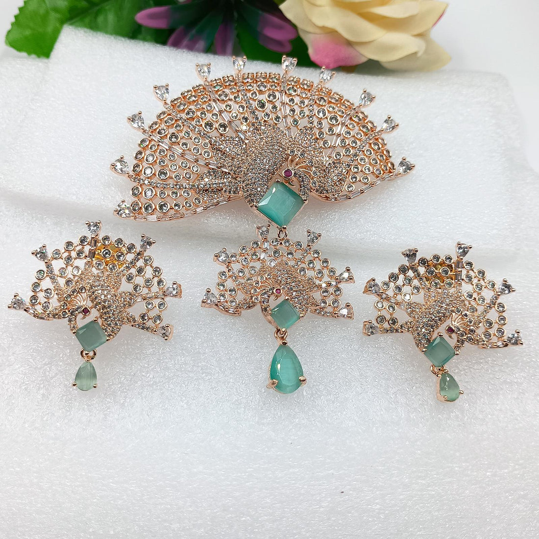 Emerald Moonstone CZ Pendant Set: Handmade Victorian Style Necklace — 3