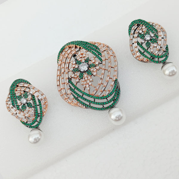 Emerald Pearl CZ Pendant Stud Set | Bollywood South Indian Jewelry | Victorian Handmade Jewelry | Bridal Wedding Necklace Set | Gift for Her