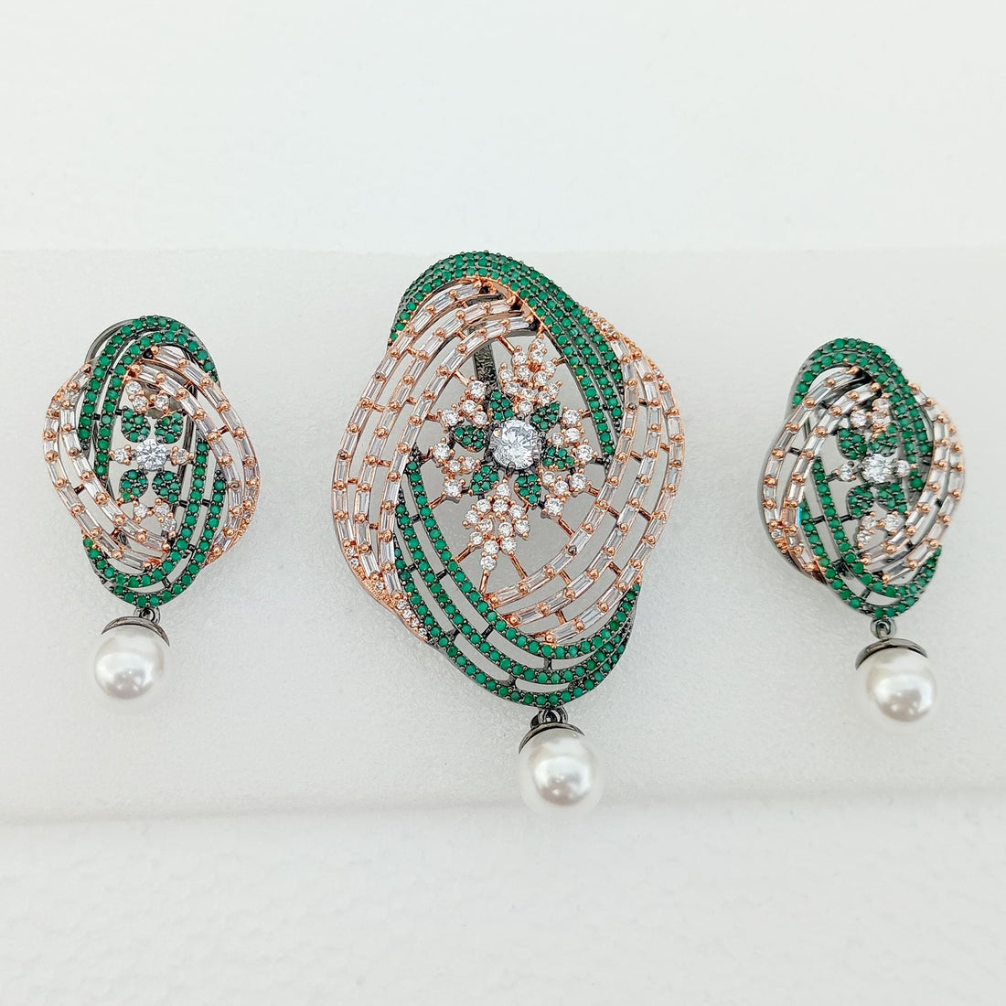 Emerald Pearl CZ Pendant Stud Set | Bollywood South Indian Jewelry | Victorian Handmade Jewelry | Bridal Wedding Necklace Set | Gift for Her — 3