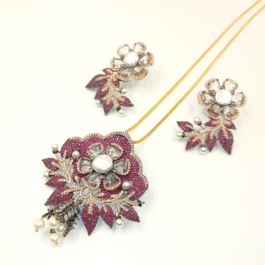 Victorian Style Ruby Emerald Pearl Pendant | Rose Gold Black Plated Necklace | Bridal Jewelry | Vintage Statement Necklace | Gift for Her — 7