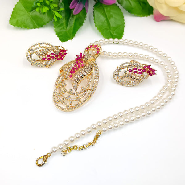 Gold-Plated Ruby & CZ Jewelry Set: Floral Necklace, Earrings, Brooch