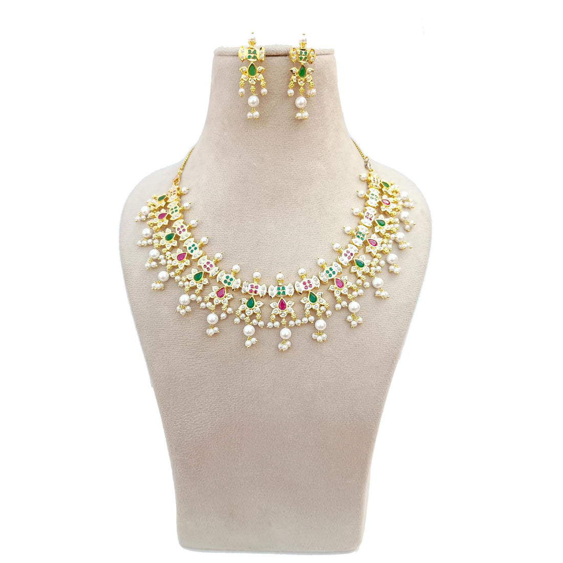 Ruby Emerald Pearl Gold Plated  Necklace | Ruby Emerald Pearl Jewelry | South Indian Wedding Set | Gift For Bride | Indian Bridal Jewelry — 5