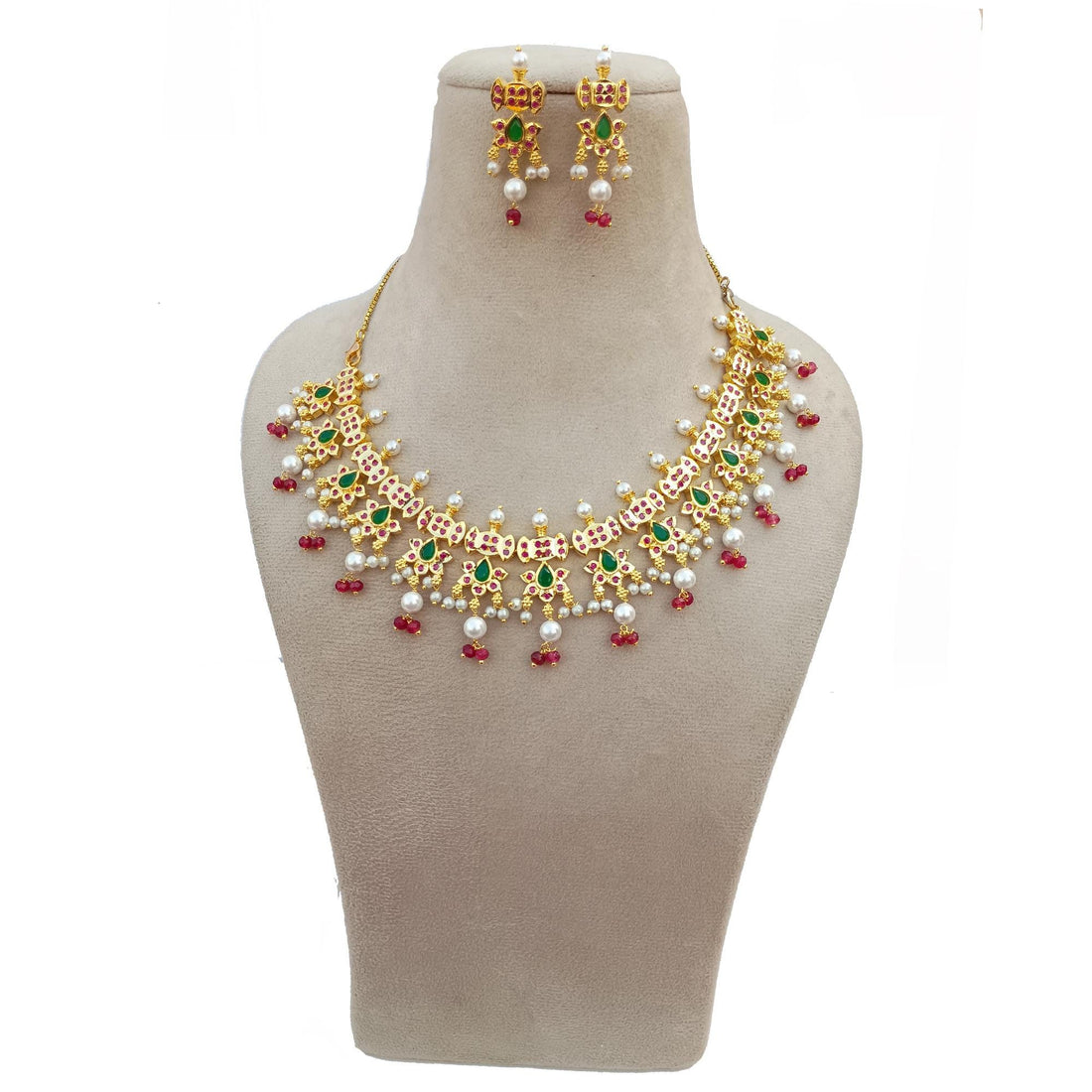 Ruby Emerald Pearl Gold Plated  Necklace | Ruby Emerald Pearl Jewelry | South Indian Wedding Set | Gift For Bride | Indian Bridal Jewelry