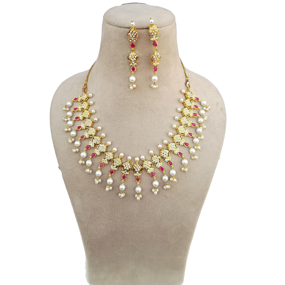 South Indian Ruby Emerald Pearl Long Necklace | Gold Plated Traditional Haram | Bridal Wedding Necklace | Engagement Jewelry | Gift for Her — 7
