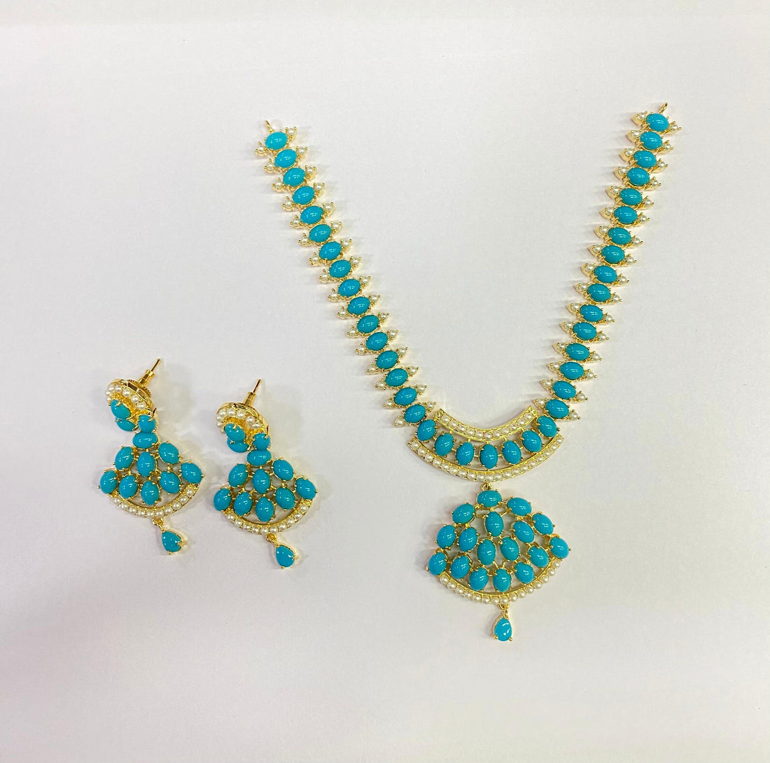 Sky Blue Arizona Turquoise & Pearl Necklace Set | Gold Plated Blue Necklace | Bridal Wedding Jewelry | Party Wear Necklace  | Gift for Her — 3
