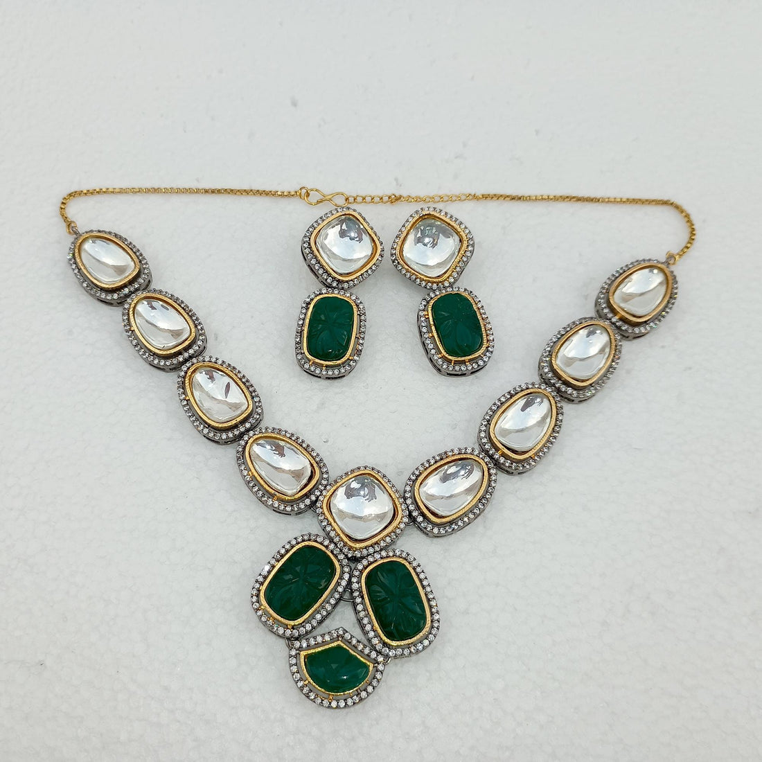 Kundan Polki Choker Necklace Set | Emerald Onyx Carving | Indian Wedding Bridal Jewelry | Traditional Party Wear | Gift for Her — 7