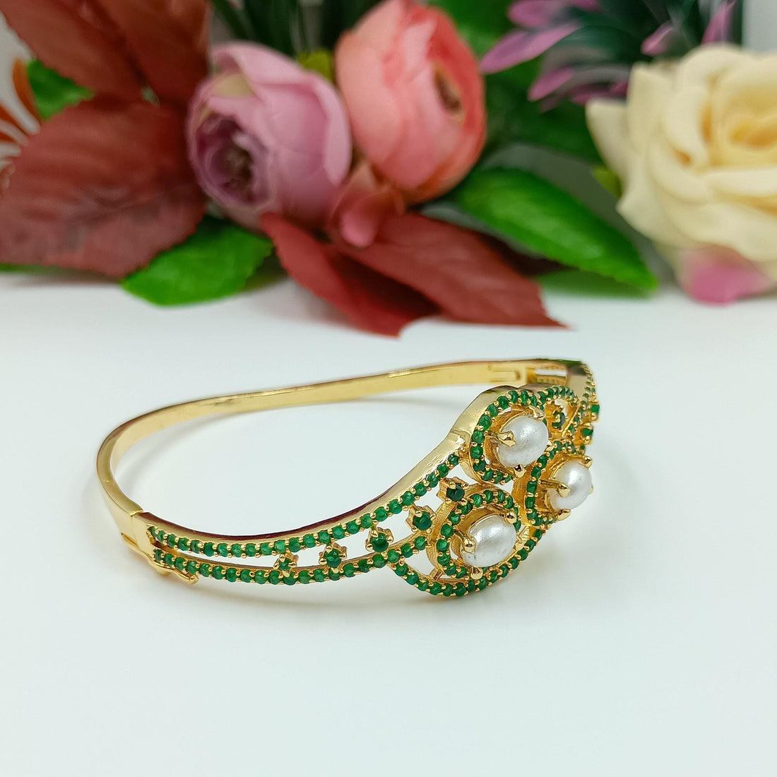 Gold Plated Emerald & Pearl Indian Bangle Bridal Jewelry | Handcrafted Bridal Jewelry | Gift For Her | Emerald Cuff |  Boho Luxe Jewelry — 3
