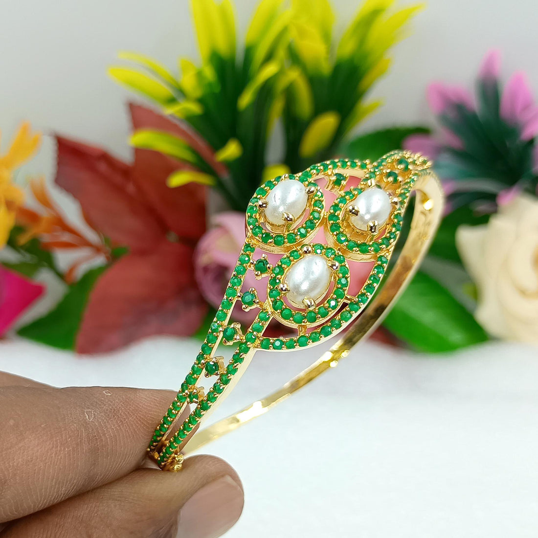 Gold Plated Emerald & Pearl Indian Bangle Bridal Jewelry | Handcrafted Bridal Jewelry | Gift For Her | Emerald Cuff |  Boho Luxe Jewelry — 2