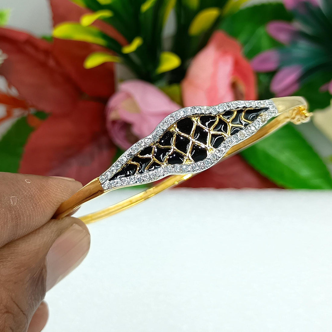 Gold Plated Black Enamel CZ Bracelet | Indian Kada Bangle with Black Onyx Stone | Statement Party Wear Jewelry | Gift for Women — 5