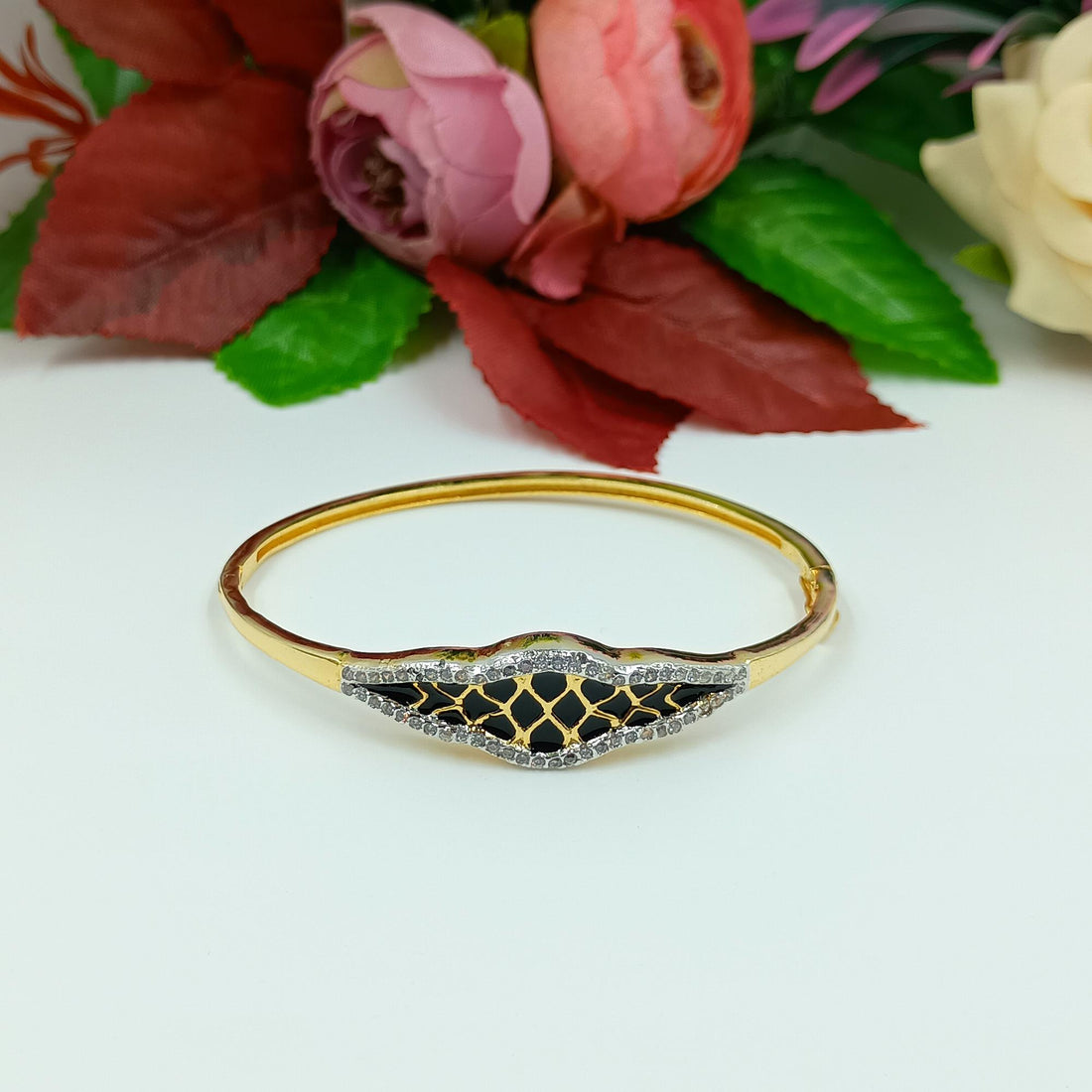 Gold Plated Black Enamel CZ Bracelet | Indian Kada Bangle with Black Onyx Stone | Statement Party Wear Jewelry | Gift for Women — 8