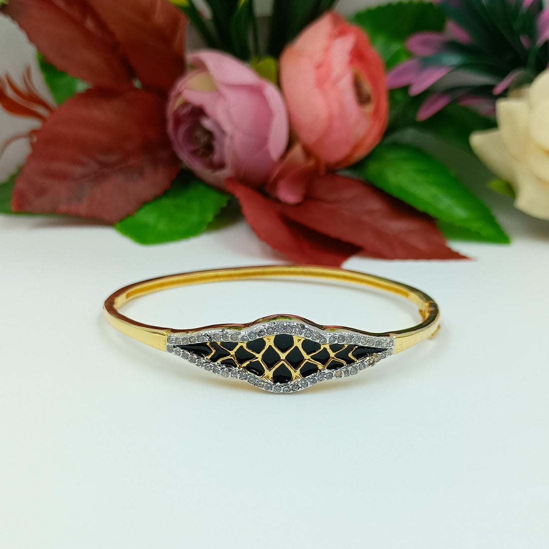 Gold Plated Black Enamel CZ Bracelet | Indian Kada Bangle with Black Onyx Stone | Statement Party Wear Jewelry | Gift for Women — 7