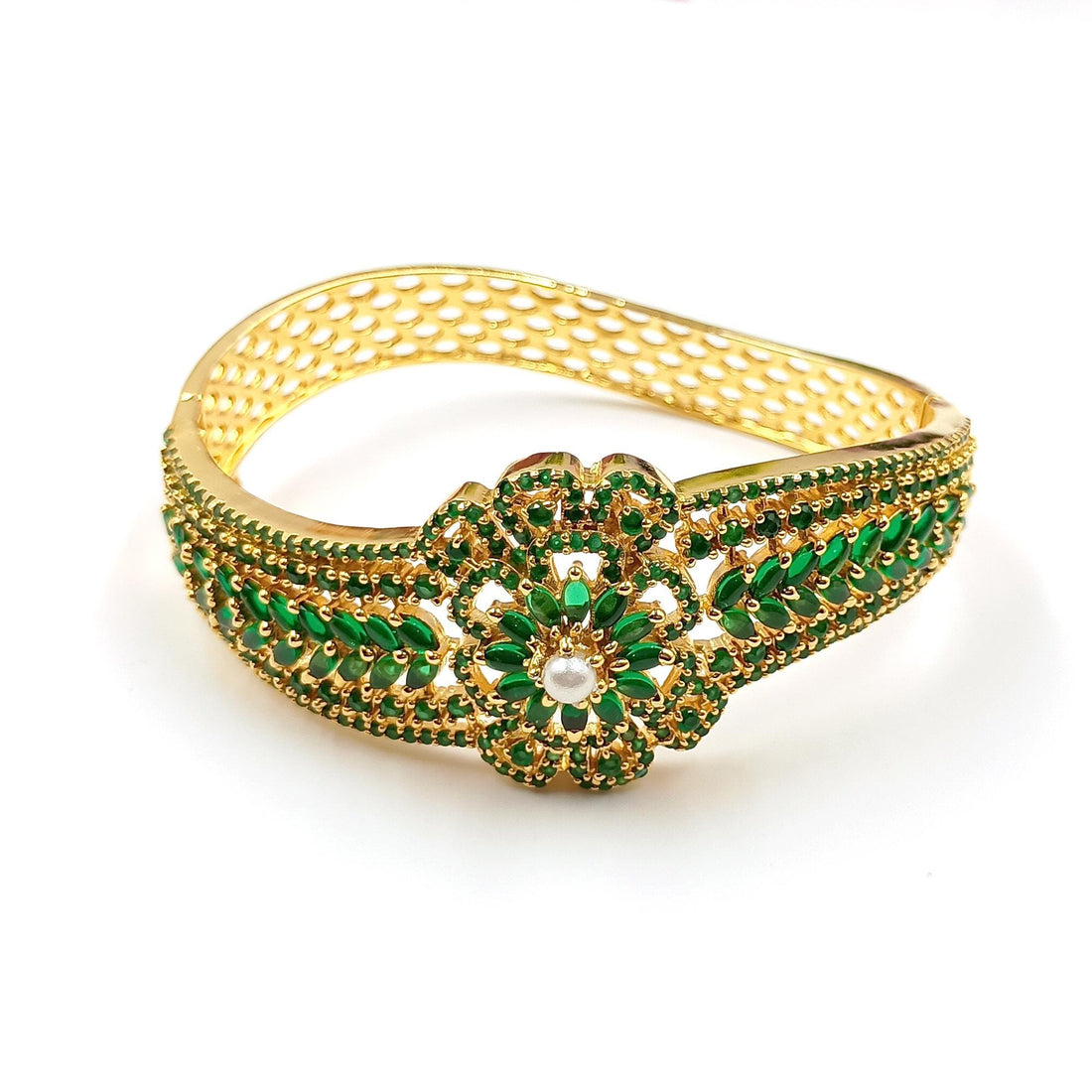 Gold Plated Emerald & Pearl Cuffs Indian Bracelet | Heritage Kundan Bridal Bangles | Indian Bridal Jadau Jewelry | Bracelet | Gift For Her — 7