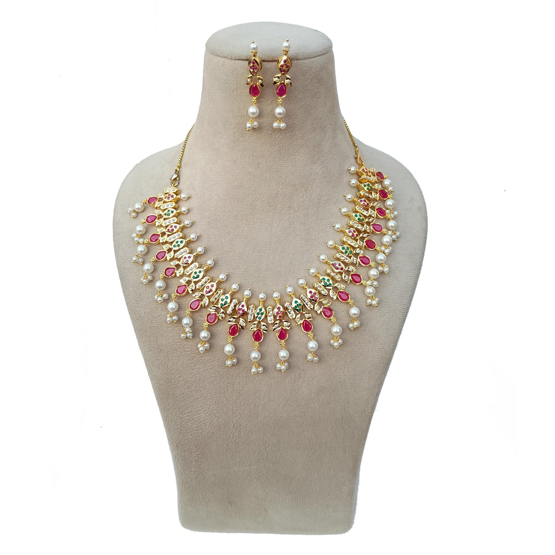 Gold Plated Ruby Bridal Necklace Set | South Indian Wedding Jewelry | Gift For Her | Traditional Necklace  | Engagement Necklace — 2