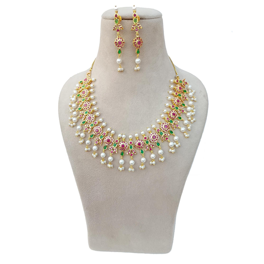 Gold Plated Ruby Necklace Set | South Indian Bridal Wedding Necklace  | Traditional Jewelry | Ethnic Statement Necklace | Gift For Her — 6