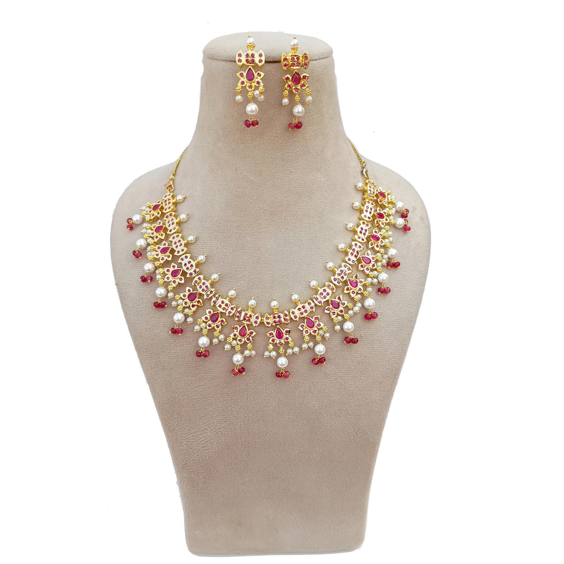 Ruby Emerald Pearl Gold Plated  Necklace | Ruby Emerald Pearl Jewelry | South Indian Wedding Set | Gift For Bride | Indian Bridal Jewelry — 6