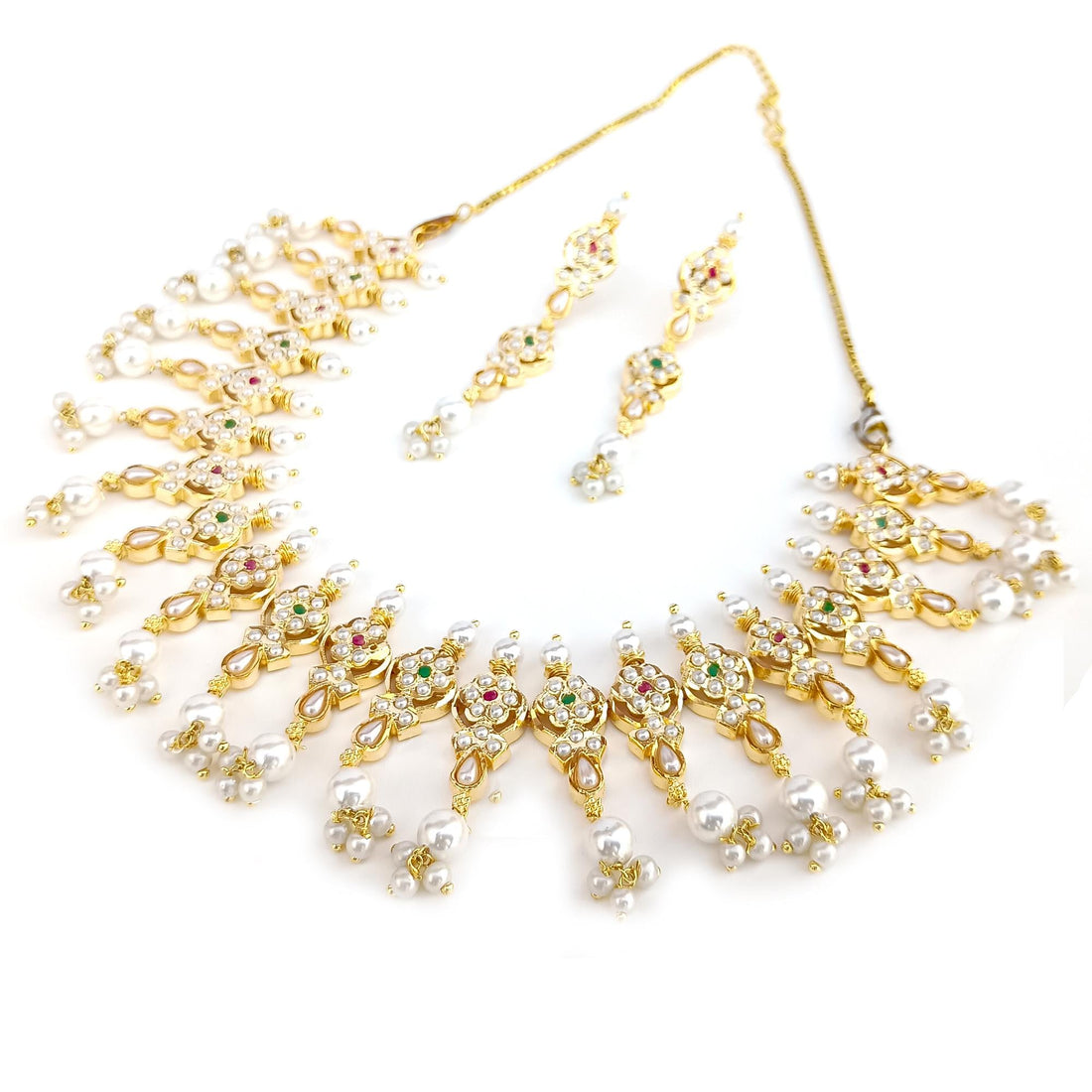 South Indian Ruby Emerald Pearl Long Necklace | Gold Plated Traditional Haram | Bridal Wedding Necklace | Engagement Jewelry | Gift for Her — 8