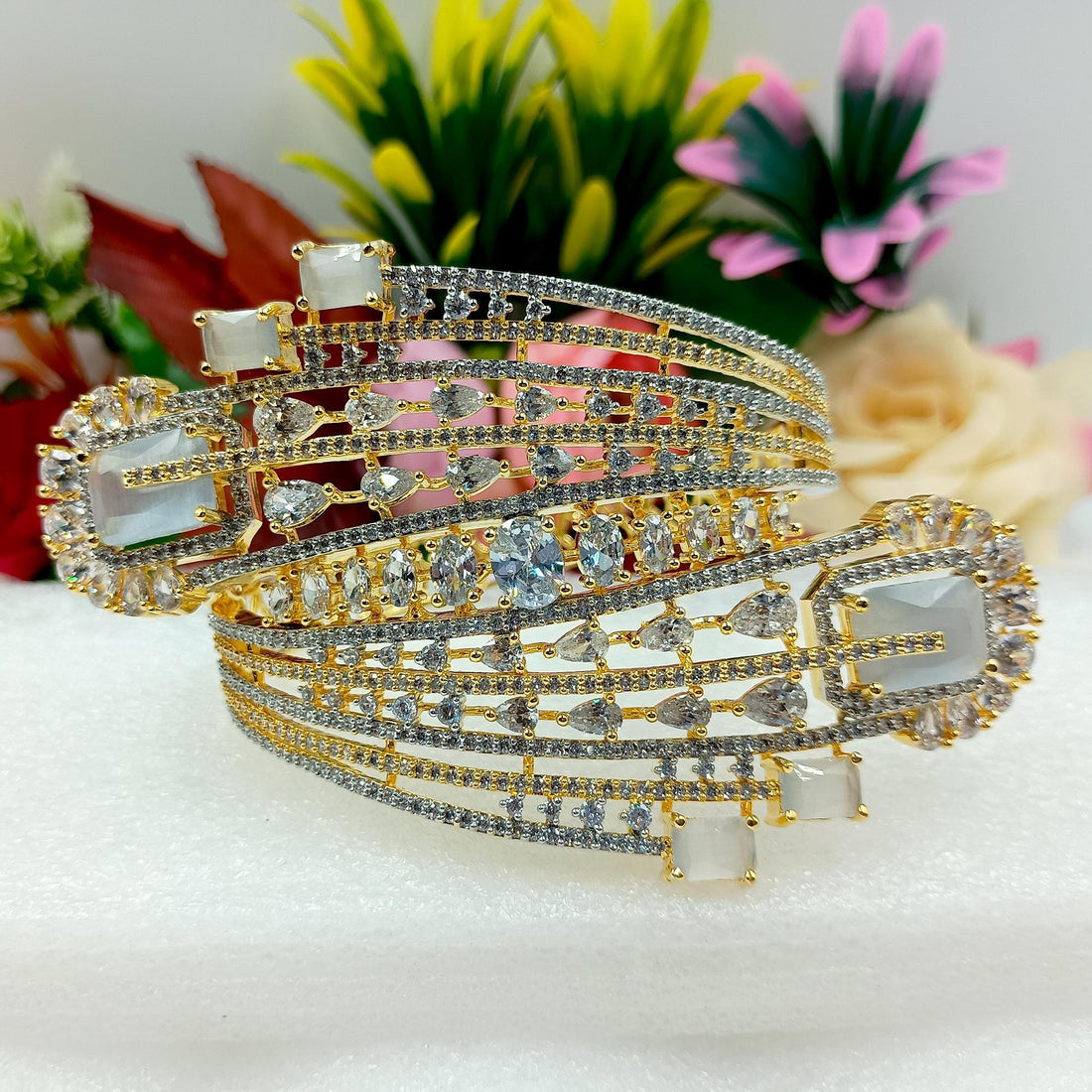 Gold Plated Moonstone CZ Bracelet | Indian Bridal Cuff Bangle | CZ Pave Statement Jewelry | Wedding Party Wear Bracelet | Gift for Women — 4