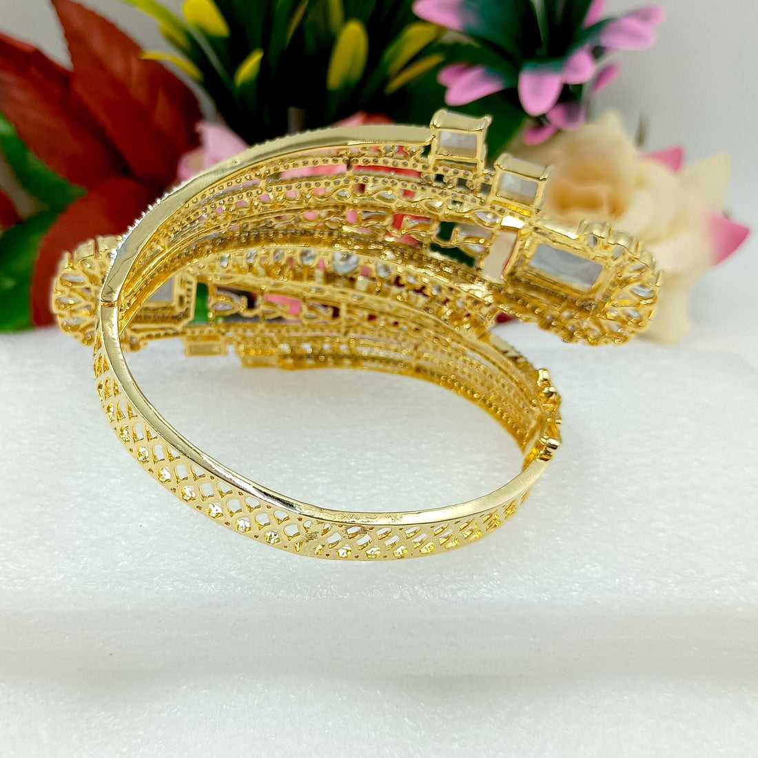 Gold Plated Moonstone CZ Bracelet | Indian Bridal Cuff Bangle | CZ Pave Statement Jewelry | Wedding Party Wear Bracelet | Gift for Women — 6