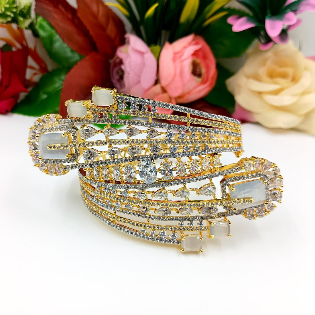 Gold Plated Moonstone CZ Bracelet | Indian Bridal Cuff Bangle | CZ Pave Statement Jewelry | Wedding Party Wear Bracelet | Gift for Women
