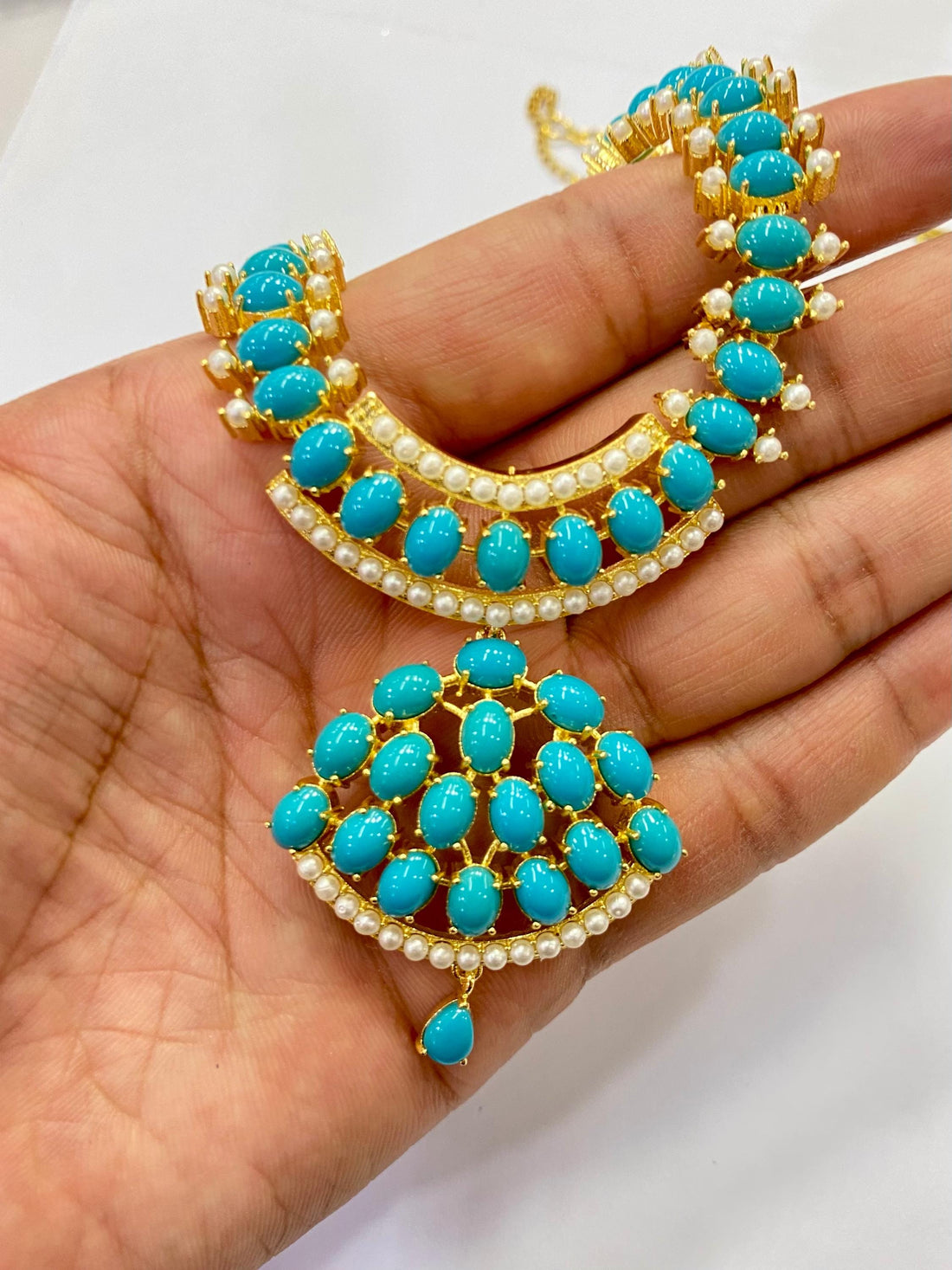 Sky Blue Arizona Turquoise & Pearl Necklace Set | Gold Plated Blue Necklace | Bridal Wedding Jewelry | Party Wear Necklace  | Gift for Her — 2