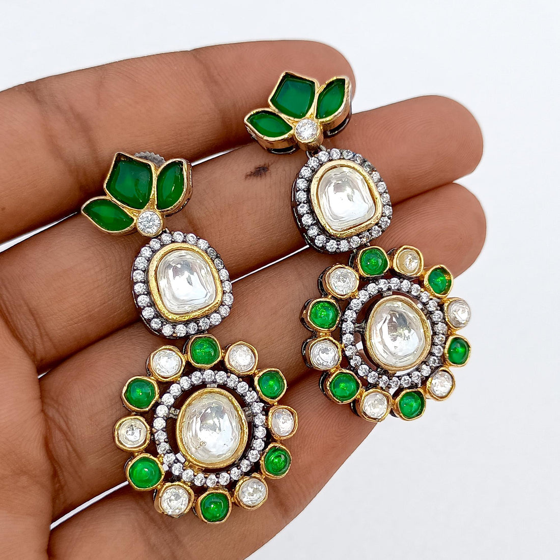Emerald Polki Diamond Necklace Set | South Indian Bridal Jewelry | Gift For Her | Traditional Necklace  | Wedding Necklace — 8