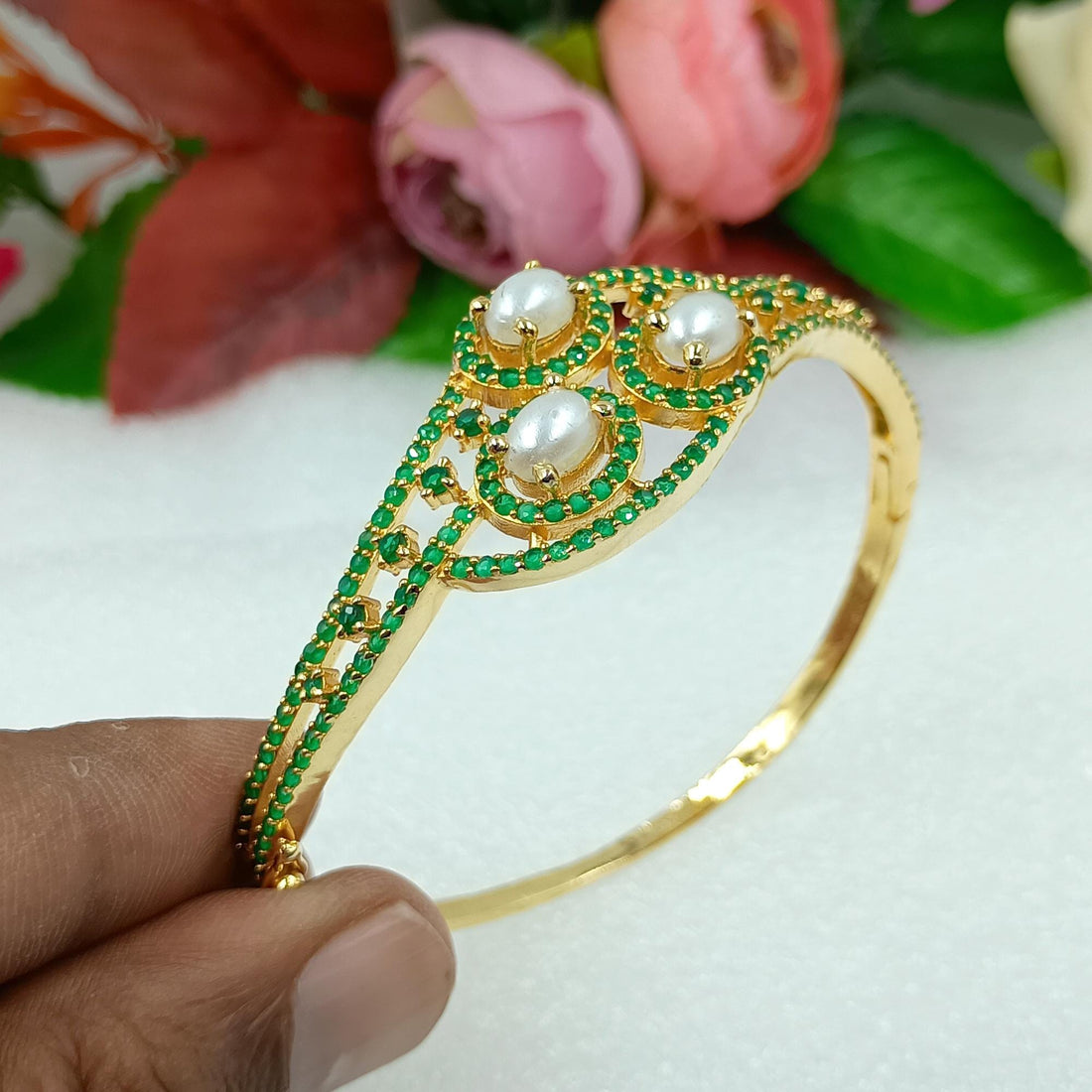 Gold Plated Emerald & Pearl Indian Bangle Bridal Jewelry | Handcrafted Bridal Jewelry | Gift For Her | Emerald Cuff |  Boho Luxe Jewelry — 5