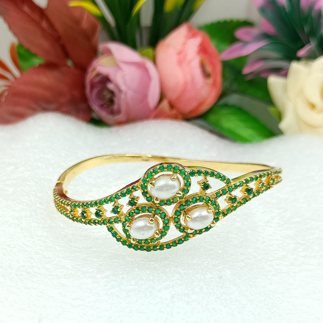 Gold Plated Emerald & Pearl Indian Bangle Bridal Jewelry | Handcrafted Bridal Jewelry | Gift For Her | Emerald Cuff |  Boho Luxe Jewelry