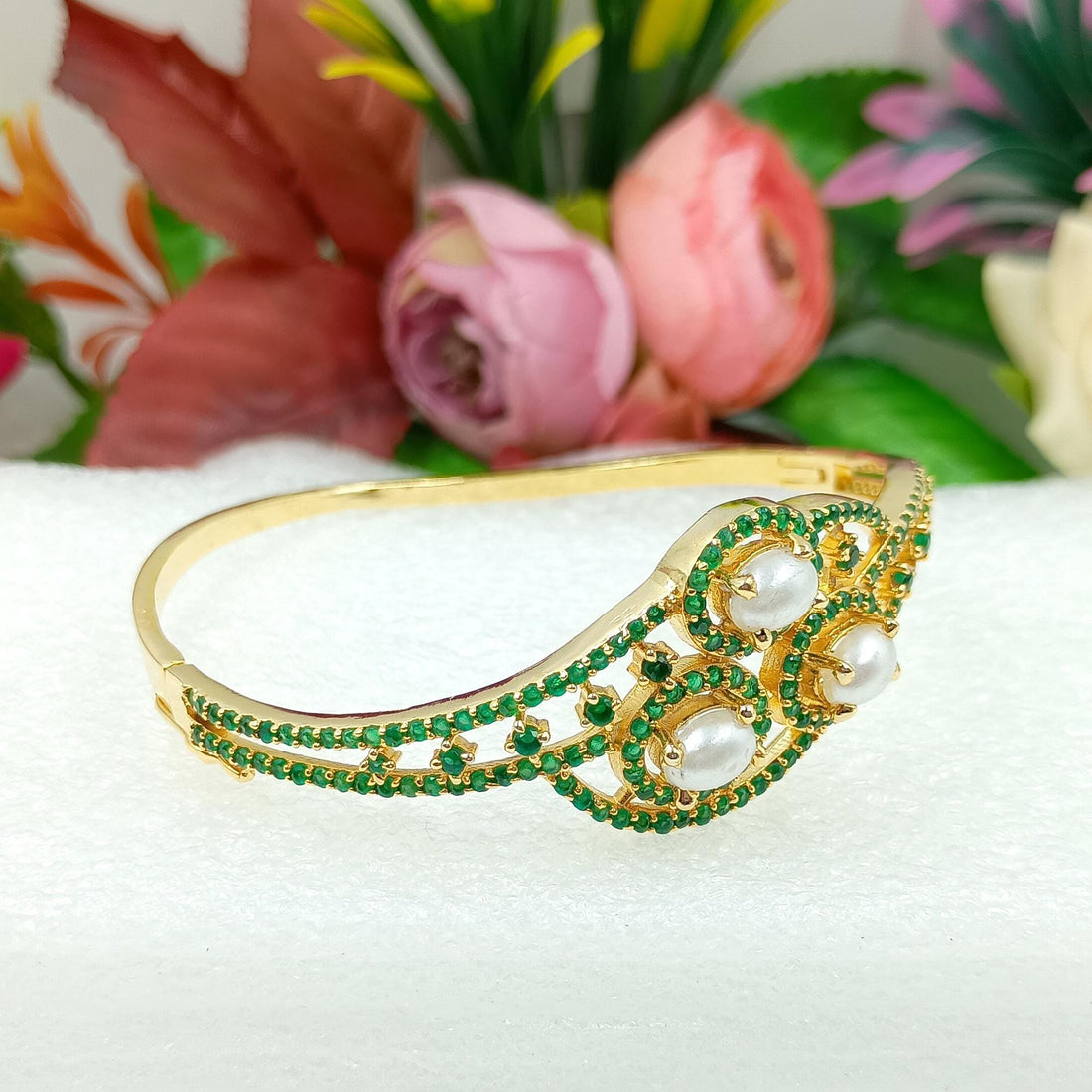 Gold Plated Emerald & Pearl Indian Bangle Bridal Jewelry | Handcrafted Bridal Jewelry | Gift For Her | Emerald Cuff |  Boho Luxe Jewelry — 8
