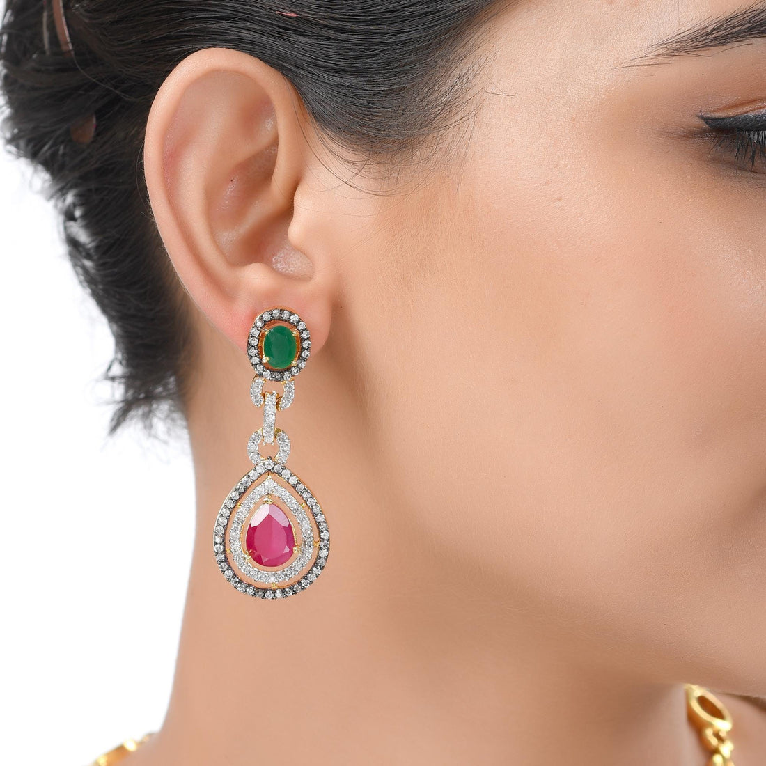 Ruby Emerald Gold Plated Necklace Set | Antique Style Bridal Wedding Jewelry | Traditional Indian CZ Necklace & Earrings Set |Gift for Women — 3