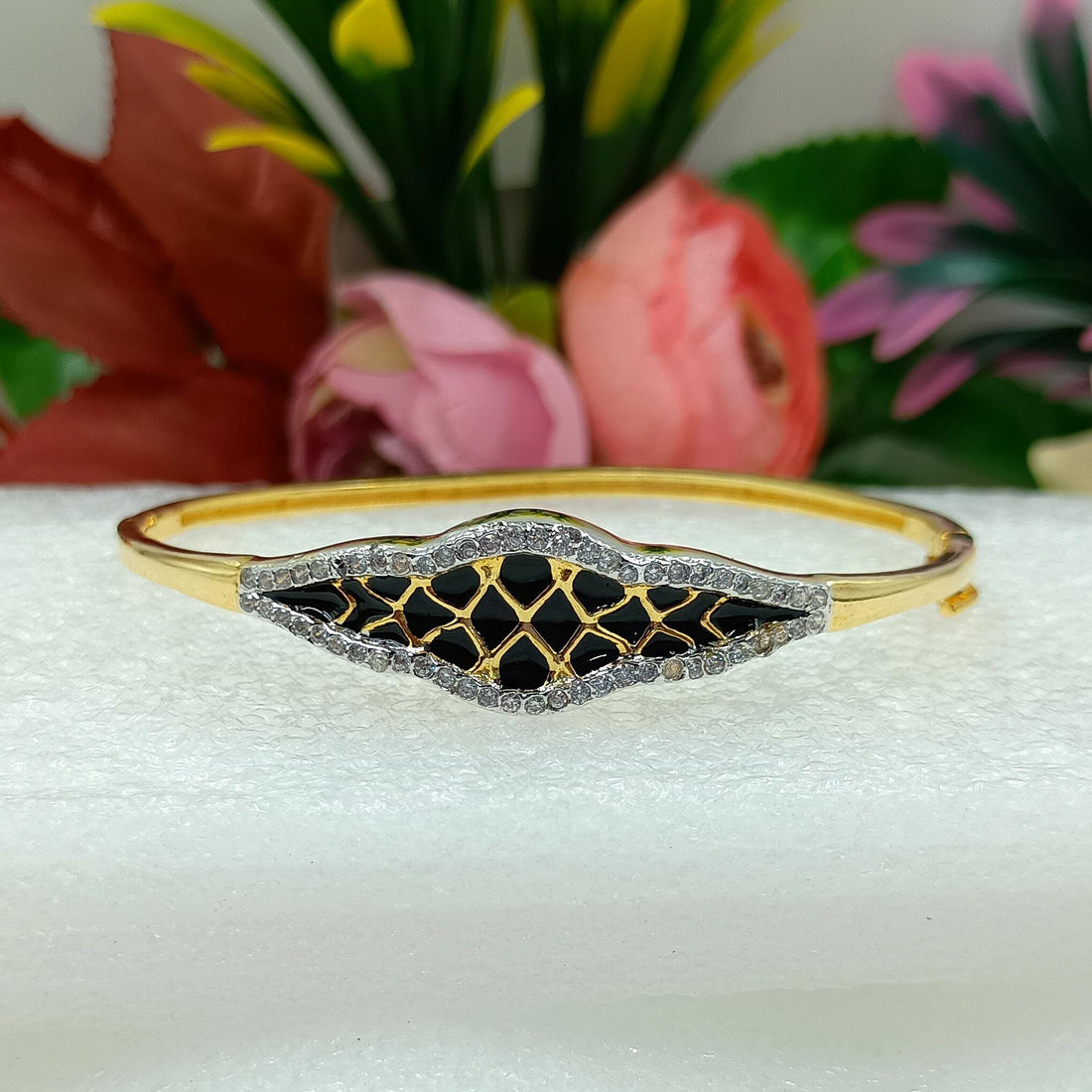 Gold Plated Black Enamel CZ Bracelet | Indian Kada Bangle with Black Onyx Stone | Statement Party Wear Jewelry | Gift for Women — 4