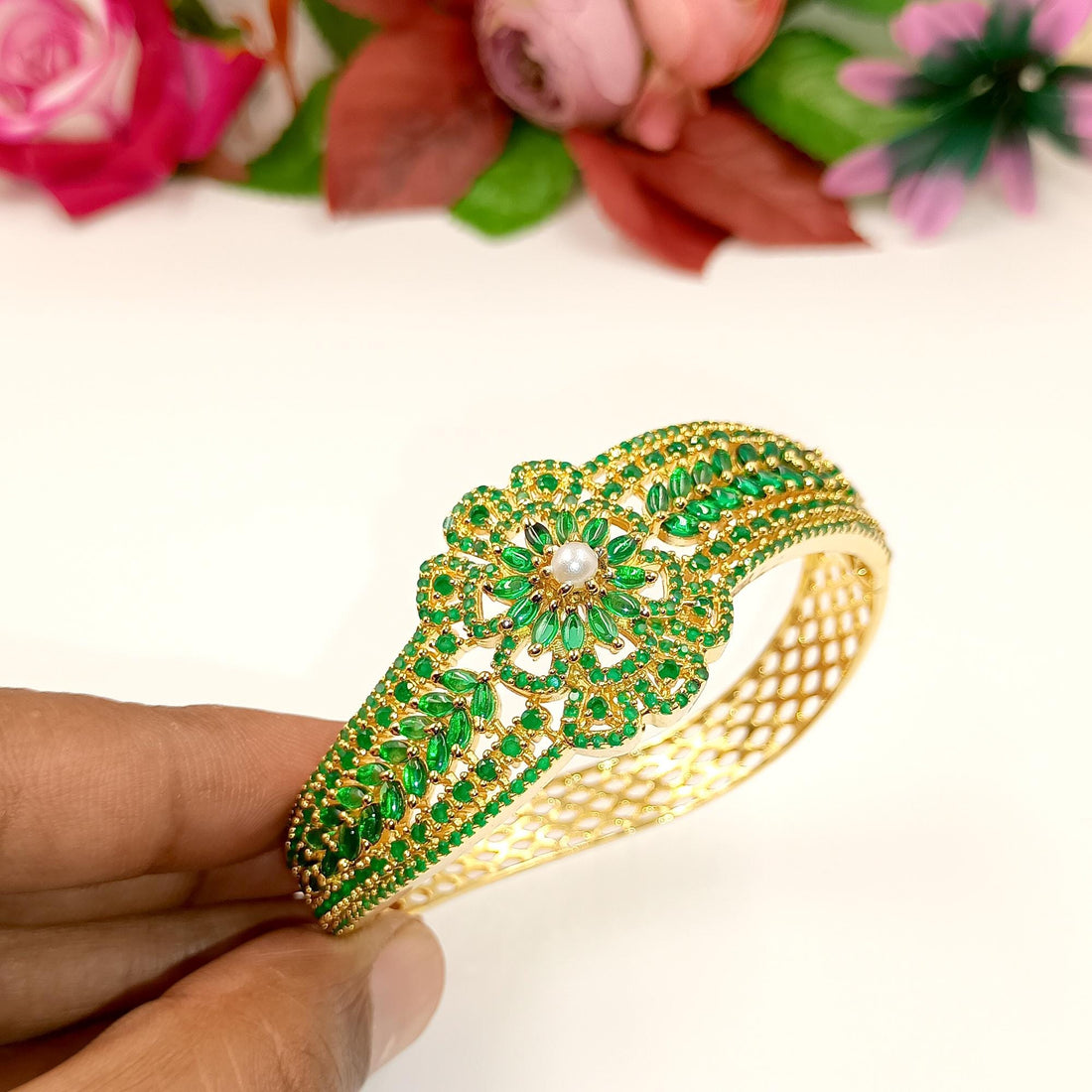 Gold Plated Emerald & Pearl Cuffs Indian Bracelet | Heritage Kundan Bridal Bangles | Indian Bridal Jadau Jewelry | Bracelet | Gift For Her — 8