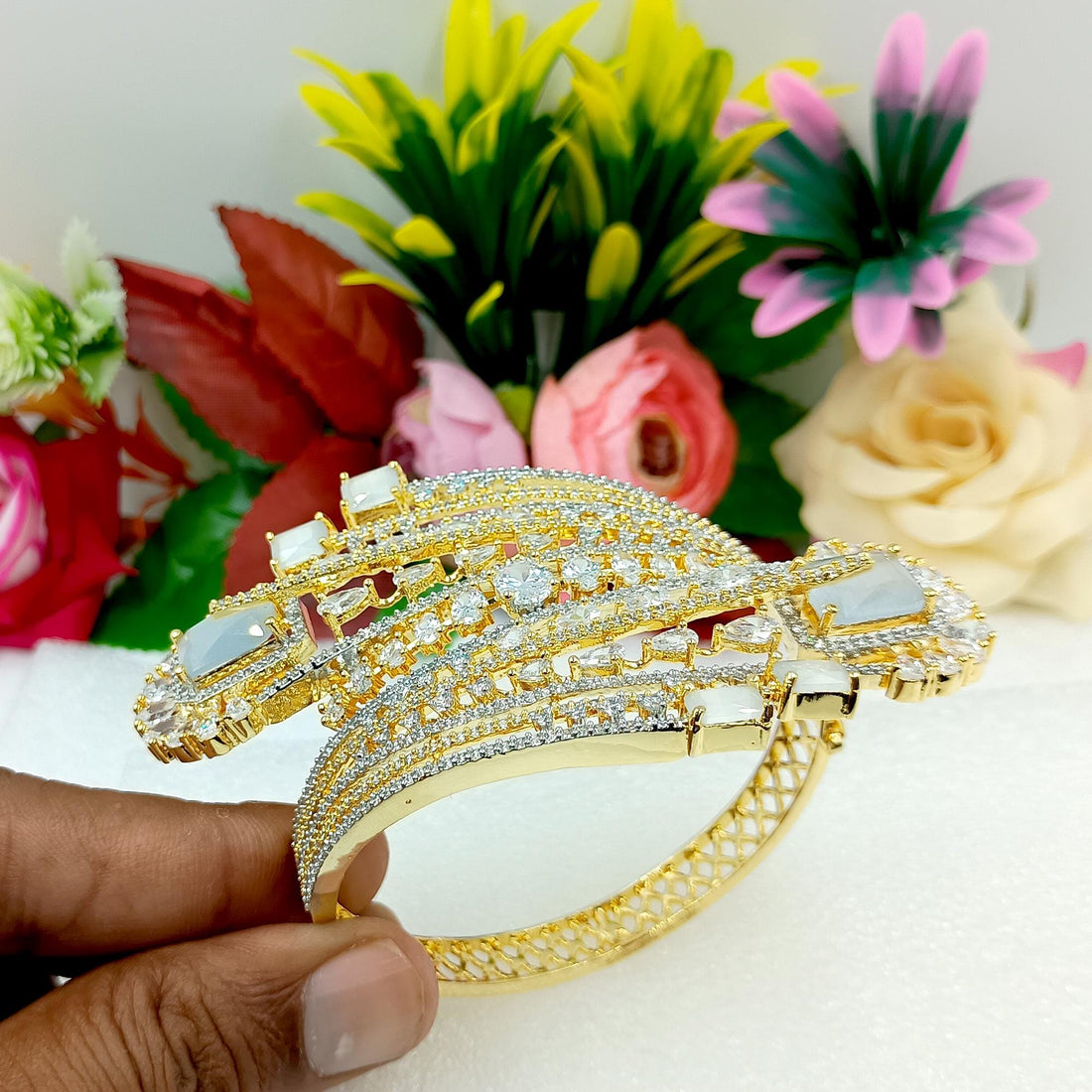 Gold Plated Moonstone CZ Bracelet | Indian Bridal Cuff Bangle | CZ Pave Statement Jewelry | Wedding Party Wear Bracelet | Gift for Women — 7