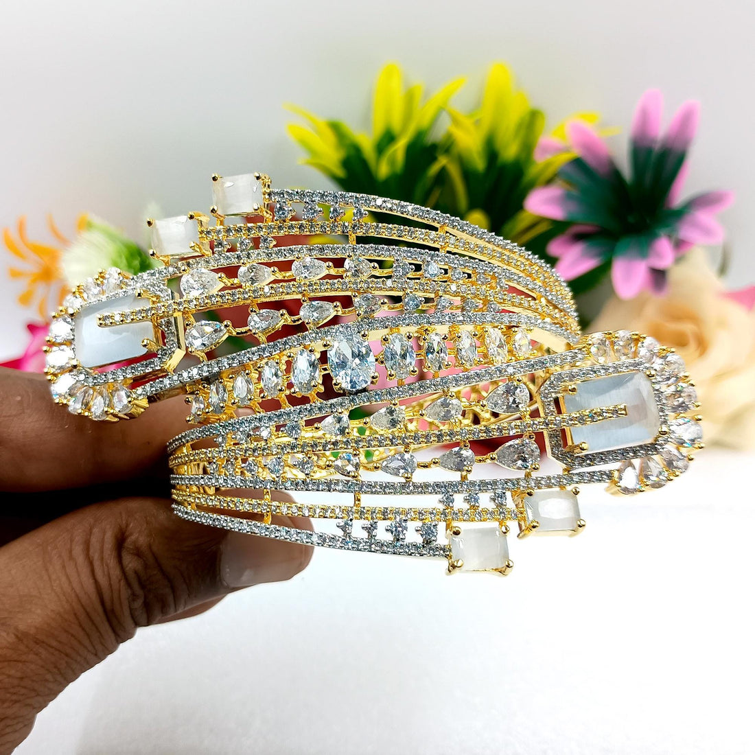 Gold Plated Moonstone CZ Bracelet | Indian Bridal Cuff Bangle | CZ Pave Statement Jewelry | Wedding Party Wear Bracelet | Gift for Women — 8
