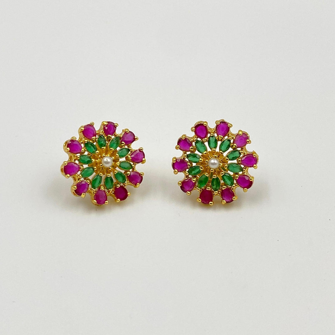 Handcrafted Ruby Green Floral Stud Earrings | Gold-Plated Jewelry | Festive Statement Ear Studs — 2