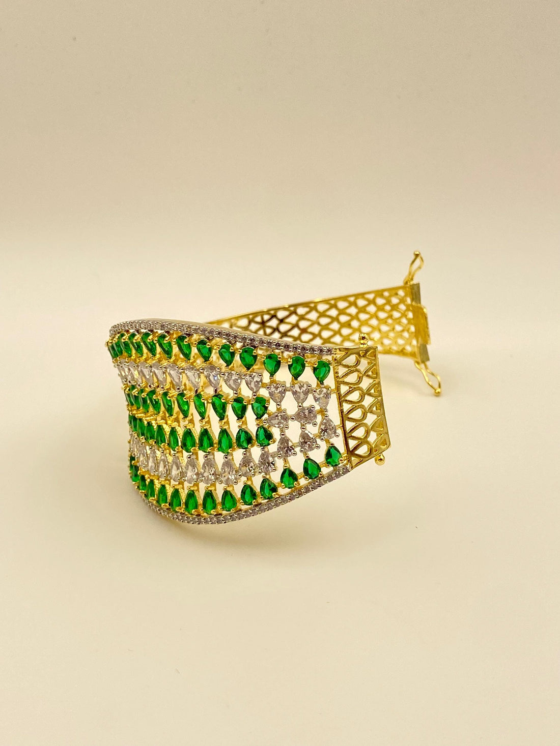 Emerald Teardrop Cuff Bracelet Gold Plated, Crystal Accents, Wide Statement Bangle, Handmade Jewelry, Bridesmaid & Special Occasion Gift — 6