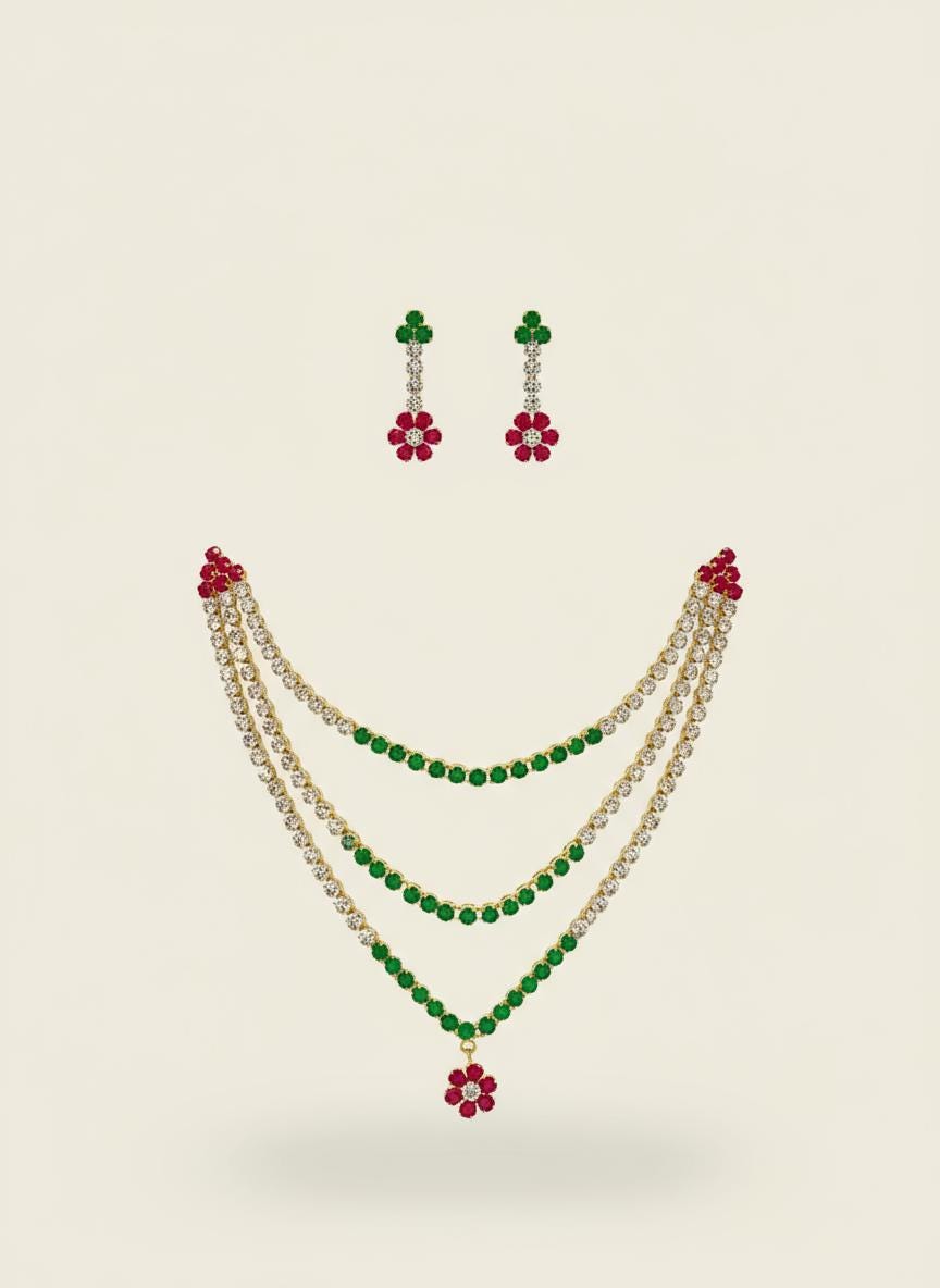 22K Gold Plated Ruby & Emerald CZ Necklace Earrings Set | Layered Big Stone Bridal Tennis Jewelry | Gift For Her | Indian Bridal Jewelry — 2