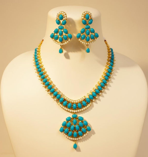 Sky Blue Arizona Turquoise & Pearl Necklace Set | Gold Plated Blue Necklace | Bridal Wedding Jewelry | Party Wear Necklace  | Gift for Her