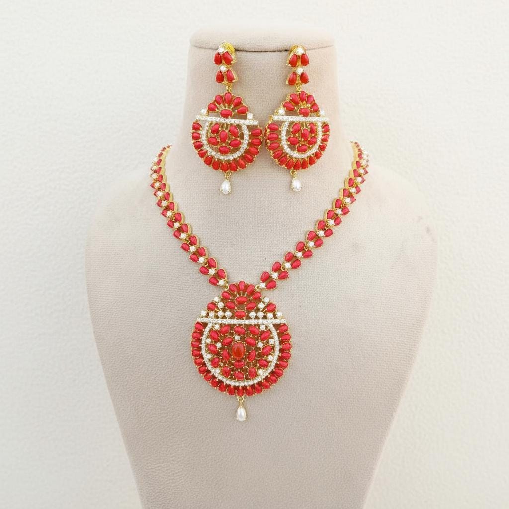 Coral & Pearl Long Necklace Set | 22K Gold Plated South Indian Bridal Wedding Jewelry | Dual Gemstone Statement Necklace | Gift for Women — 2
