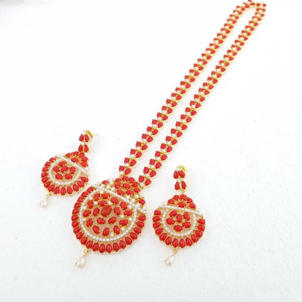 Coral & Pearl Long Necklace Set | 22K Gold Plated South Indian Bridal Wedding Jewelry | Dual Gemstone Statement Necklace | Gift for Women — 6
