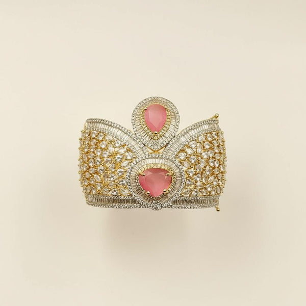 22K Yellow Gold Plated Pink Stone Bracelet | Luxury CZ Diamond Cuff | Statement Bridal Bangle | Elegant Handmade Jewelry Gift for Her