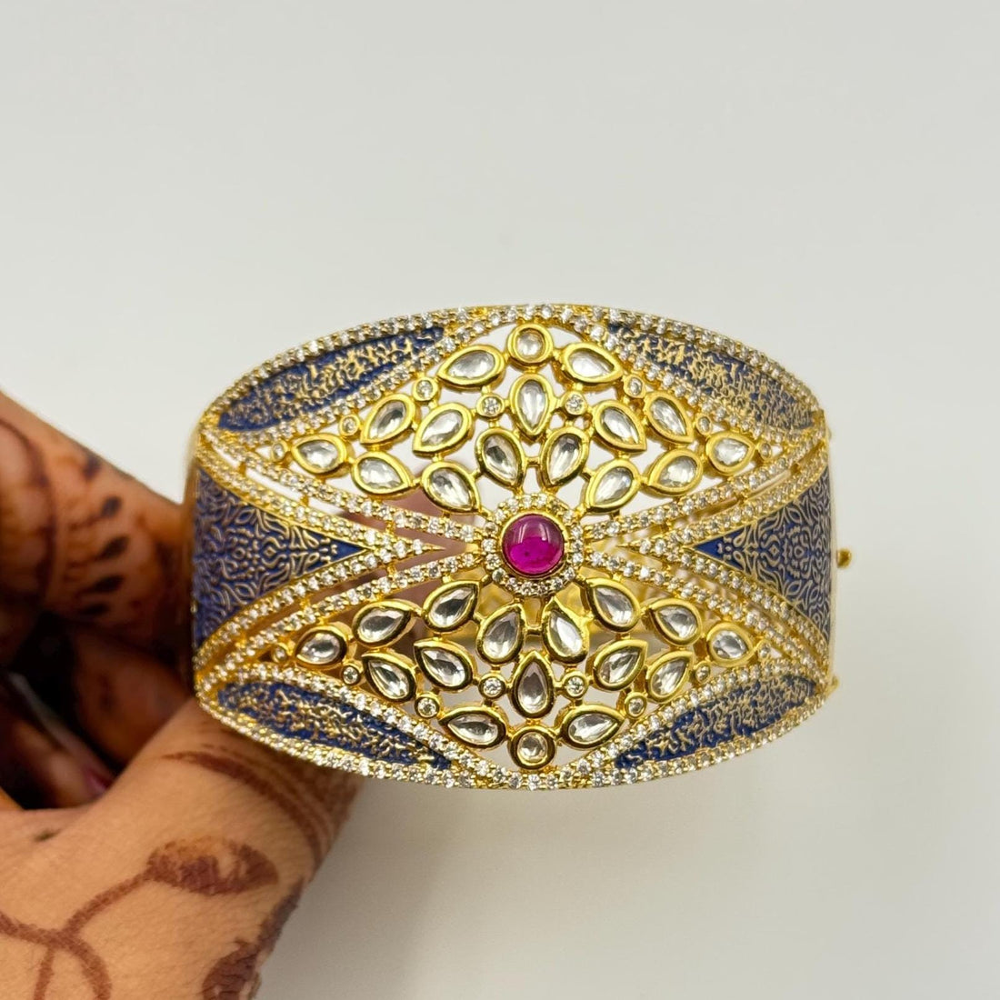 22K Gold Plated Kundan & Blue Meenakari Openable Bracelet | Rajasthani Handcrafted Jewelry | Traditional Cuff | Wedding Enamel jewelry — 3