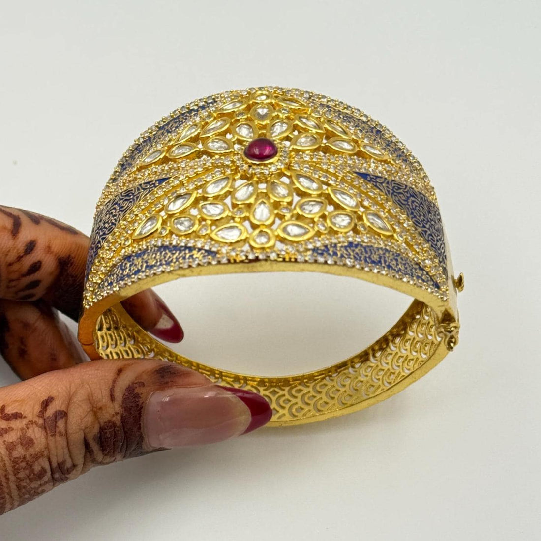 22K Gold Plated Kundan & Blue Meenakari Openable Bracelet | Rajasthani Handcrafted Jewelry | Traditional Cuff | Wedding Enamel jewelry — 4
