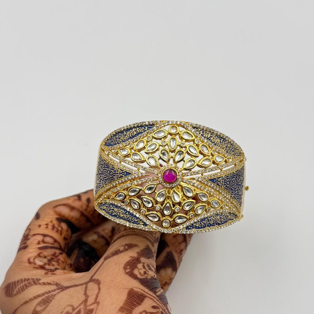 22K Gold Plated Kundan & Blue Meenakari Openable Bracelet | Rajasthani Handcrafted Jewelry | Traditional Cuff | Wedding Enamel jewelry — 5