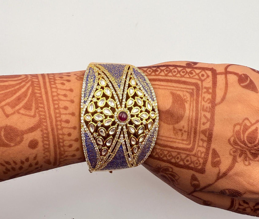 22K Gold Plated Kundan & Blue Meenakari Openable Bracelet | Rajasthani Handcrafted Jewelry | Traditional Cuff | Wedding Enamel jewelry — 6